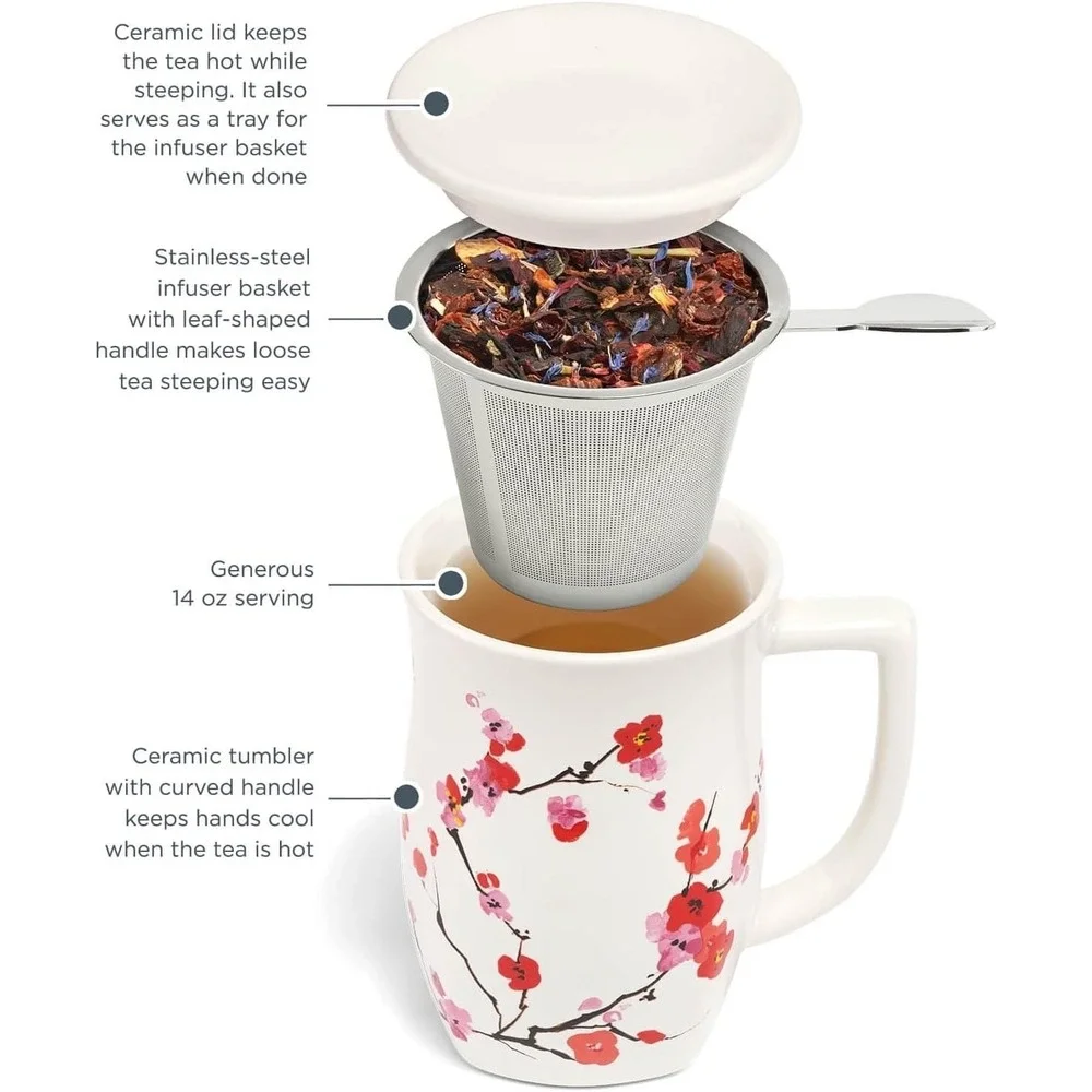 Tea Forte‎ Ceramic Fiore Cup Removeable Stainless Infuser Basket Handle Lid NEW